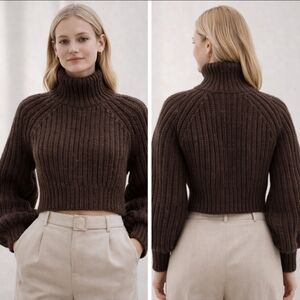 H&M Brown Chunky Ribbed Cropped Turtleneck Sweater Scandi Minimalist M